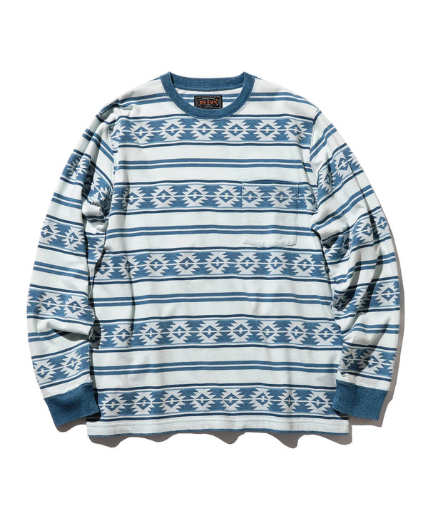 BEAMS PLUS / Pocket Tee Indigo Jacquard Stripe